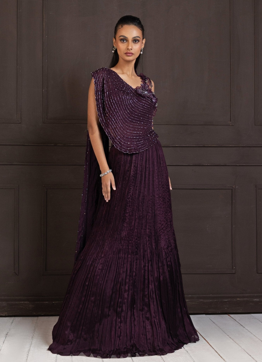 Purple Embroidered Chiffon Lehenga With Draped Cape Blouse Smriti - Fabilicious Fashion