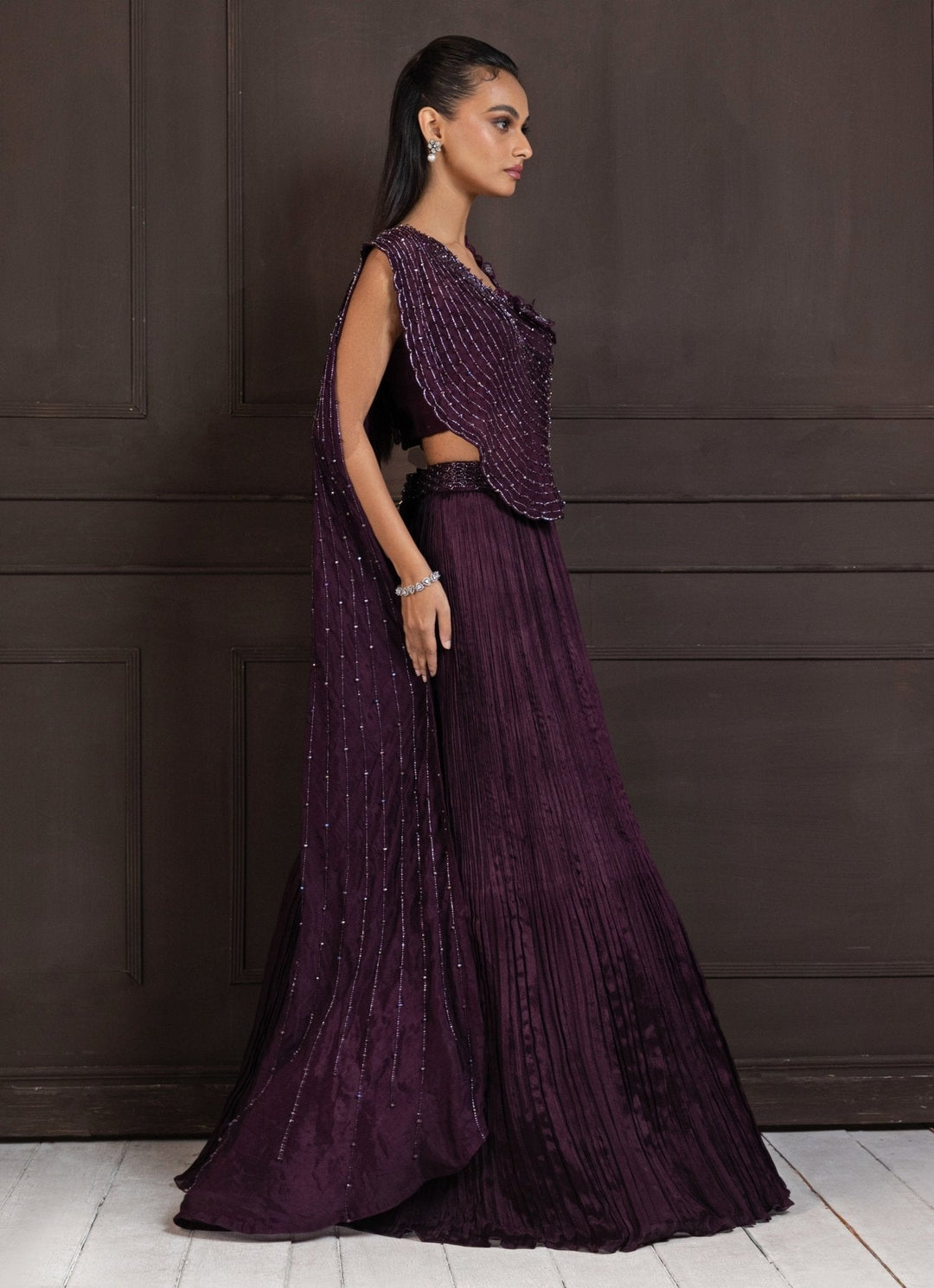 Purple Embroidered Chiffon Lehenga With Draped Cape Blouse Smriti - Fabilicious Fashion