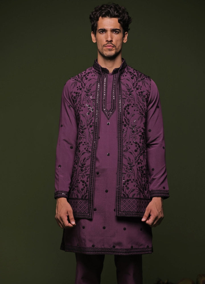 Purple Embroidered Georgette Kurta Jacket Set Kalpraag - Fabilicious Fashion