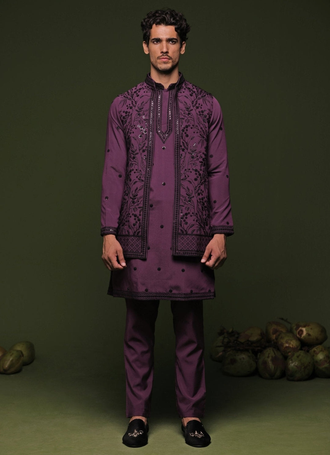 Purple Embroidered Georgette Kurta Jacket Set Kalpraag - Fabilicious Fashion