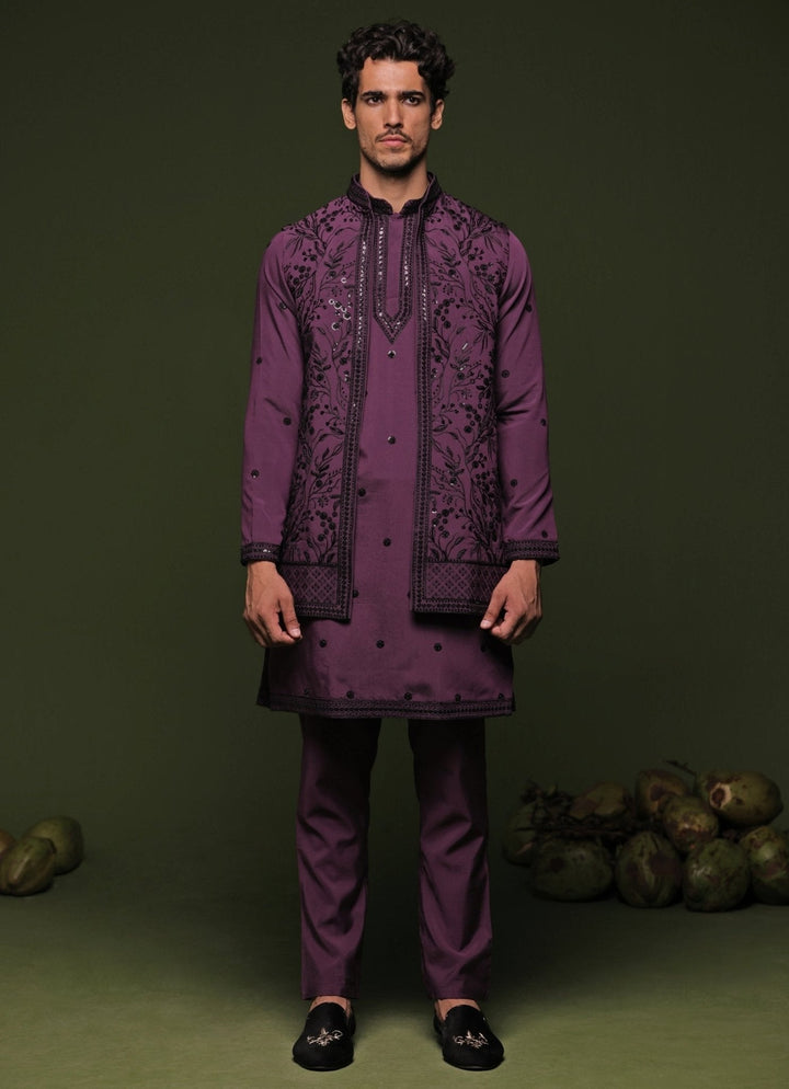 Purple Embroidered Georgette Kurta Jacket Set Kalpraag - Fabilicious Fashion