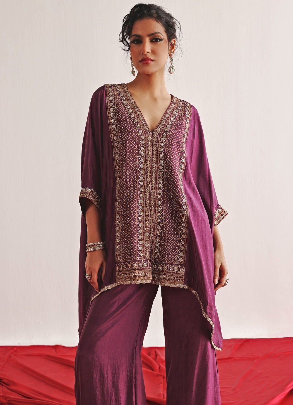 Purple Embroidered Kaftan Set With Palazzo Twenty Nine - Fabilicious Fashion