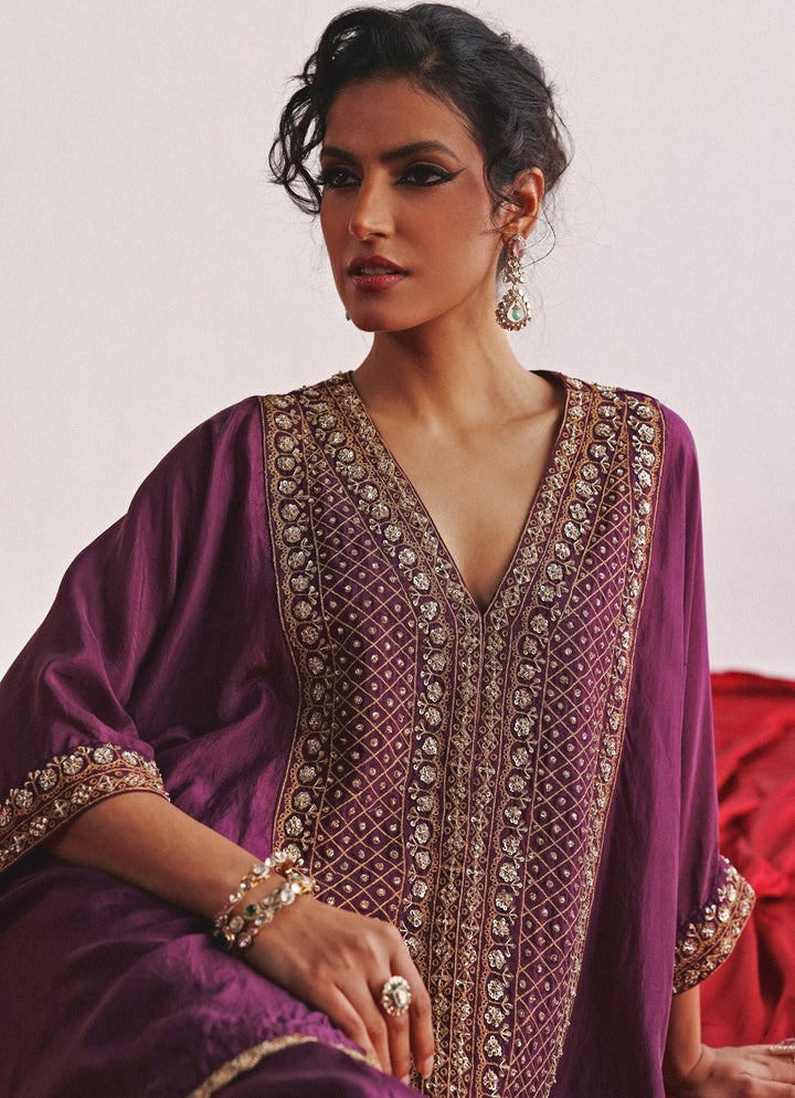 Purple Embroidered Kaftan Set With Palazzo Twenty Nine - Fabilicious Fashion