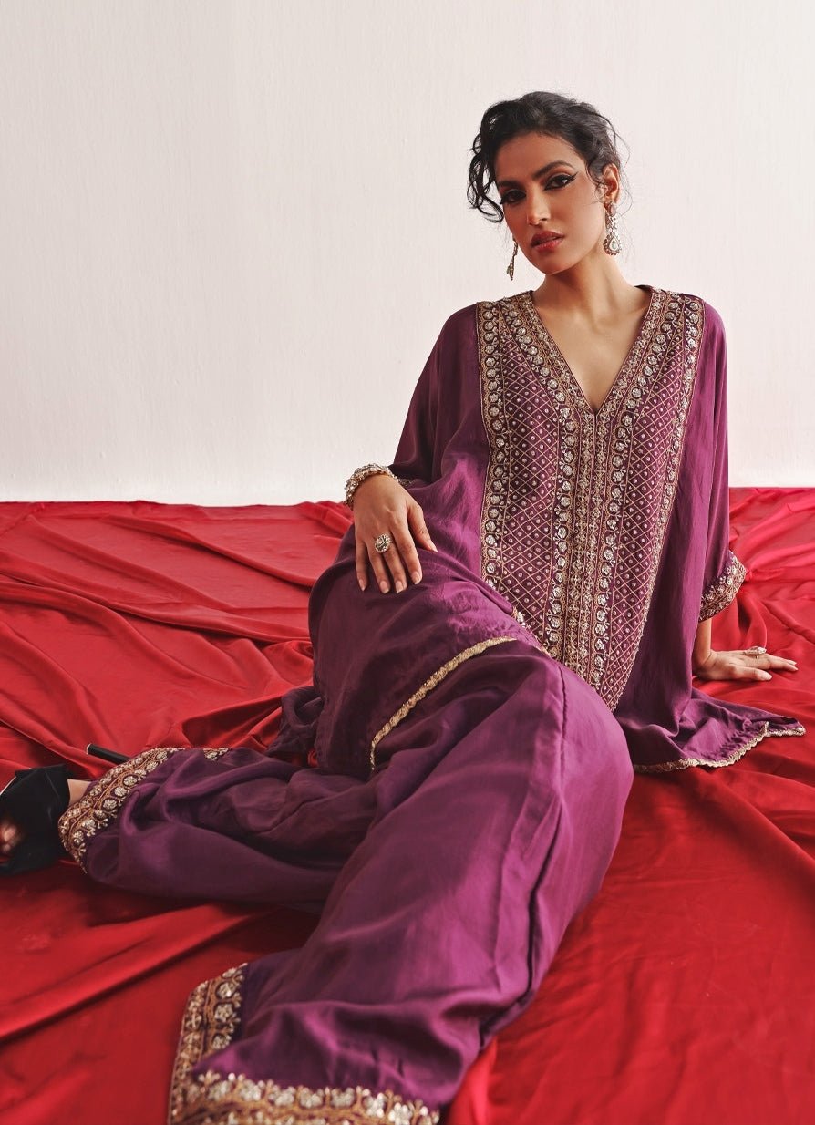 Purple Embroidered Kaftan Set With Palazzo Twenty Nine - Fabilicious Fashion
