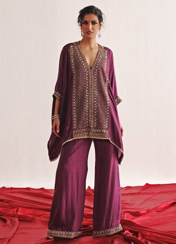 Purple Embroidered Kaftan Set With Palazzo