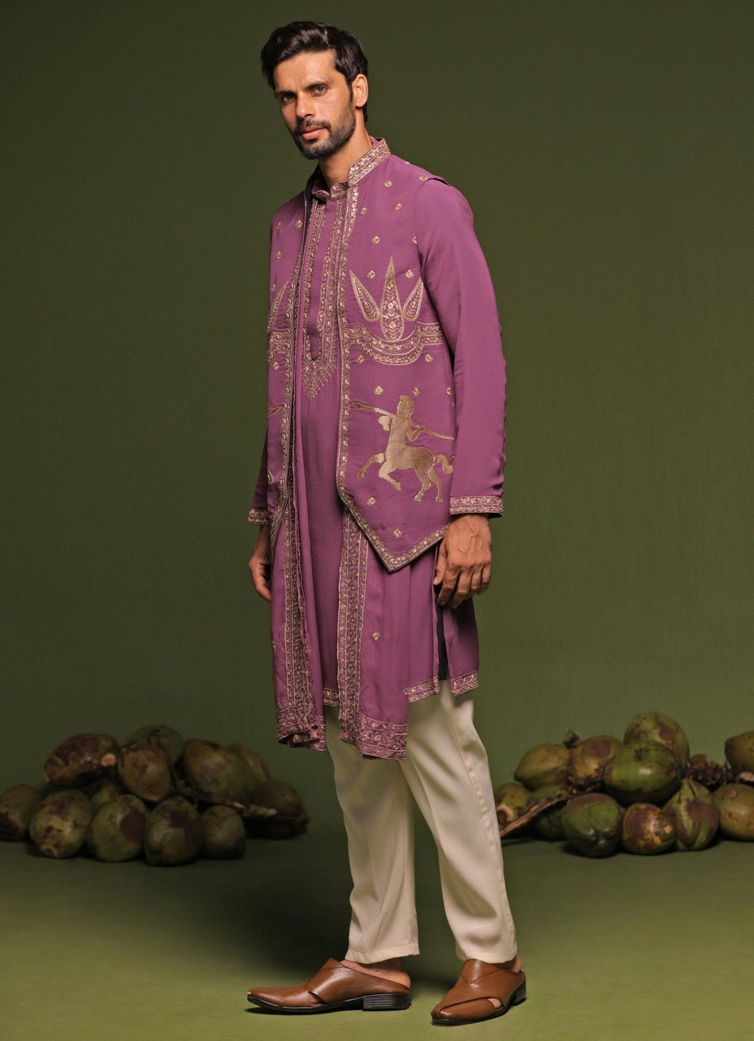 Purple Embroidered Kurta Jacket Set With Dupatta Kalpraag - Fabilicious Fashion