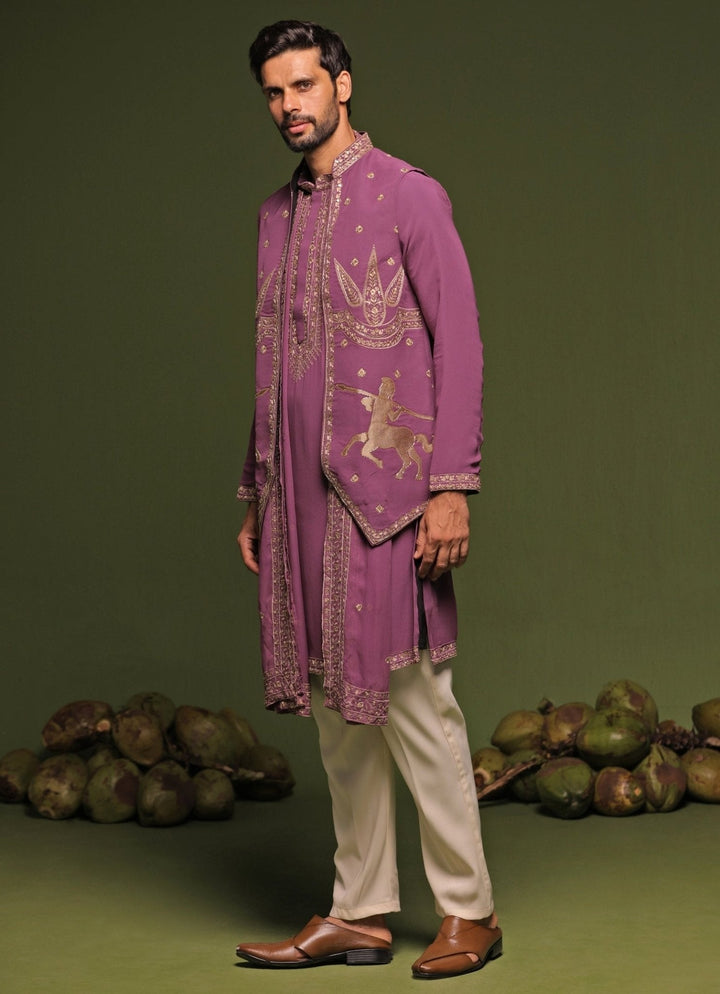 Purple Embroidered Kurta Jacket Set With Dupatta Kalpraag - Fabilicious Fashion