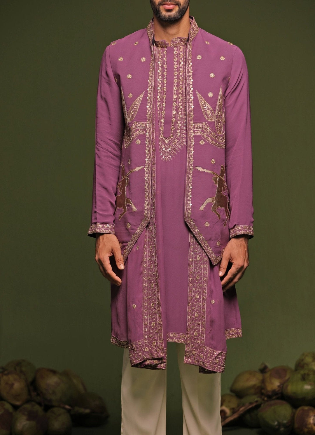 Purple Embroidered Kurta Jacket Set With Dupatta Kalpraag - Fabilicious Fashion