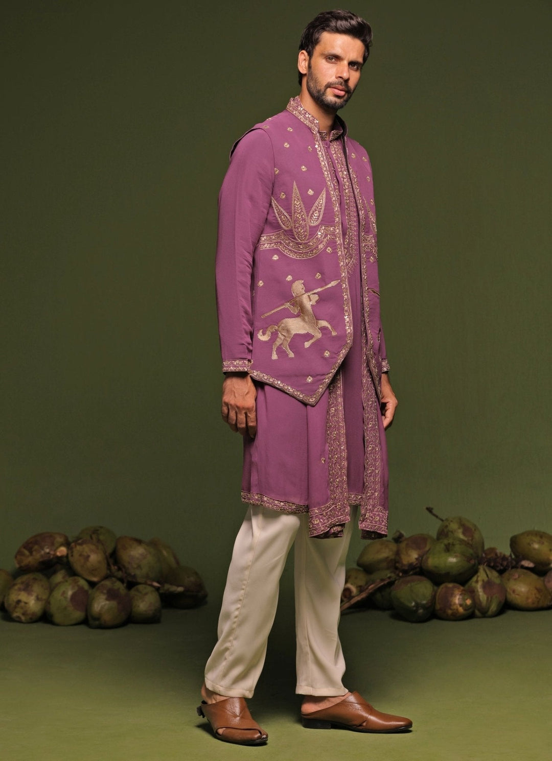 Purple Embroidered Kurta Jacket Set With Dupatta Kalpraag - Fabilicious Fashion