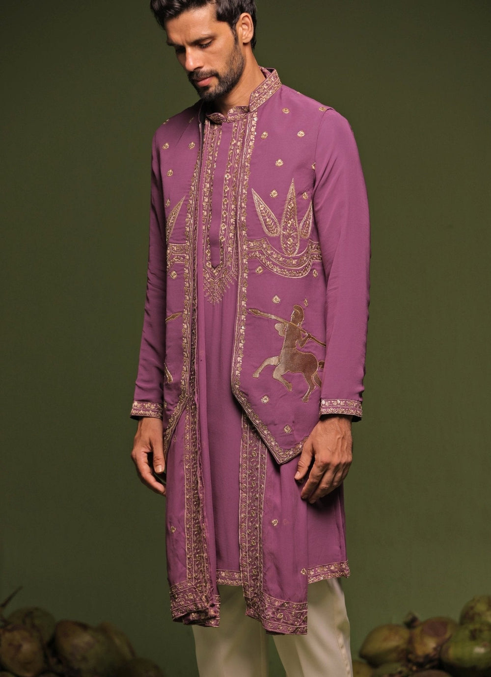 Purple Embroidered Kurta Jacket Set With Dupatta Kalpraag - Fabilicious Fashion