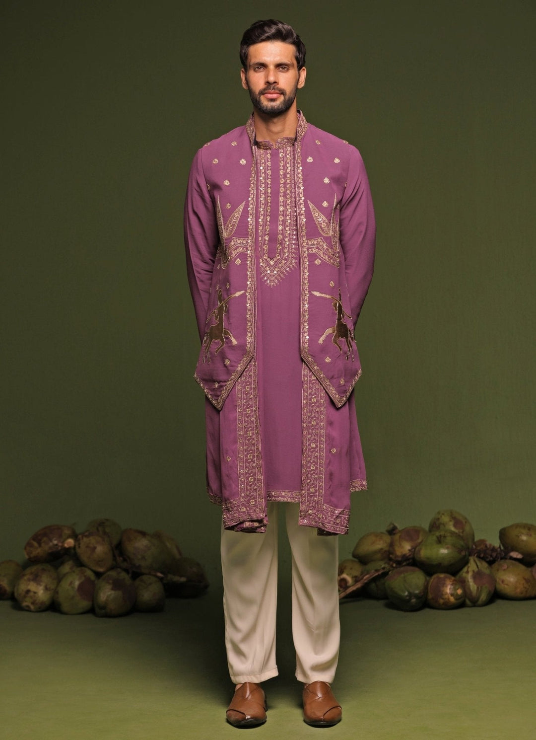 Purple Embroidered Kurta Jacket Set With Dupatta Kalpraag - Fabilicious Fashion