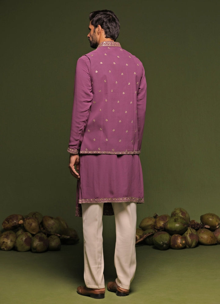 Purple Embroidered Kurta Jacket Set With Dupatta Kalpraag - Fabilicious Fashion