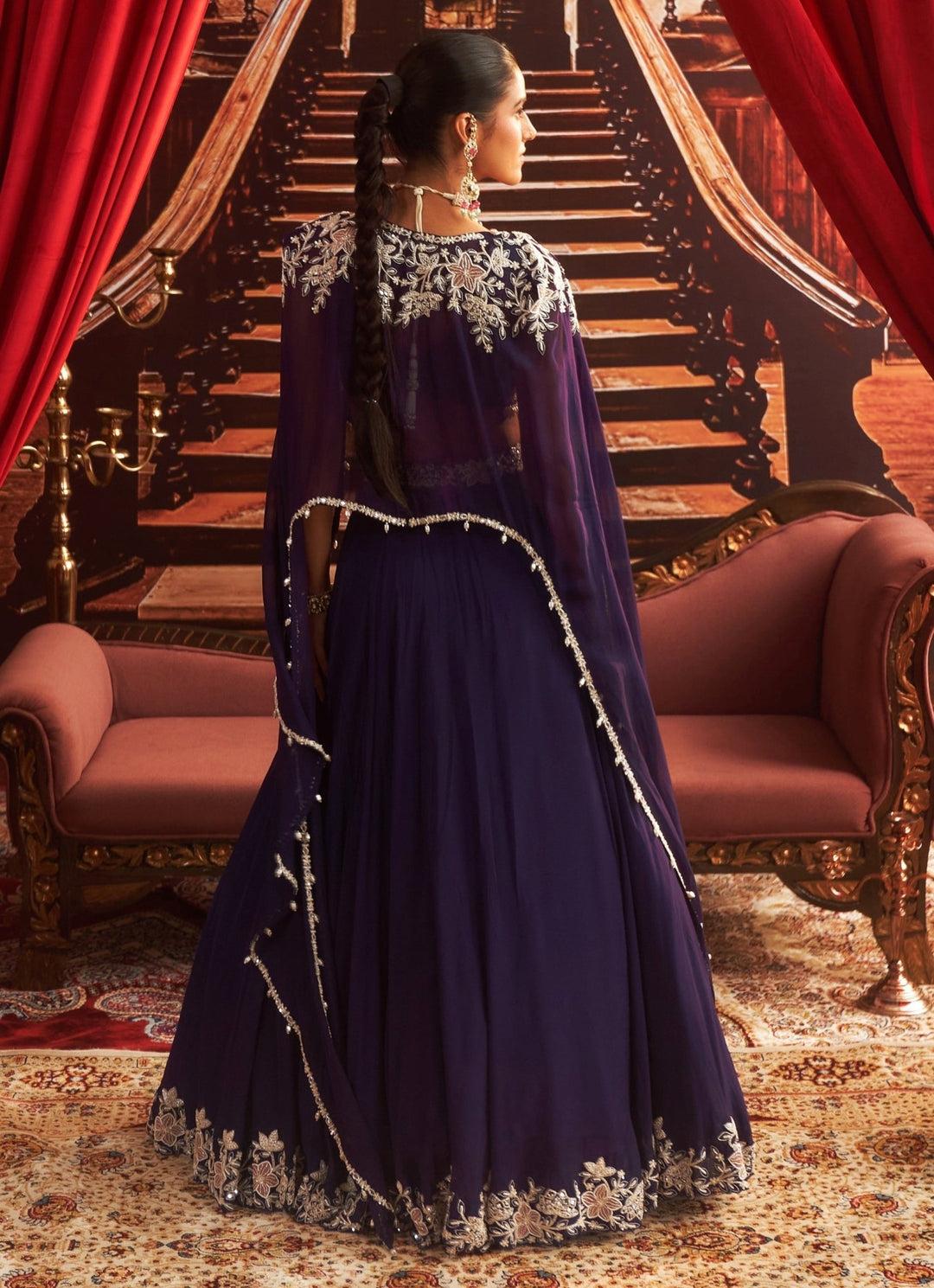 Purple Embroidered Lehenga Set With Cape Seema Thukral - Fabilicious Fashion