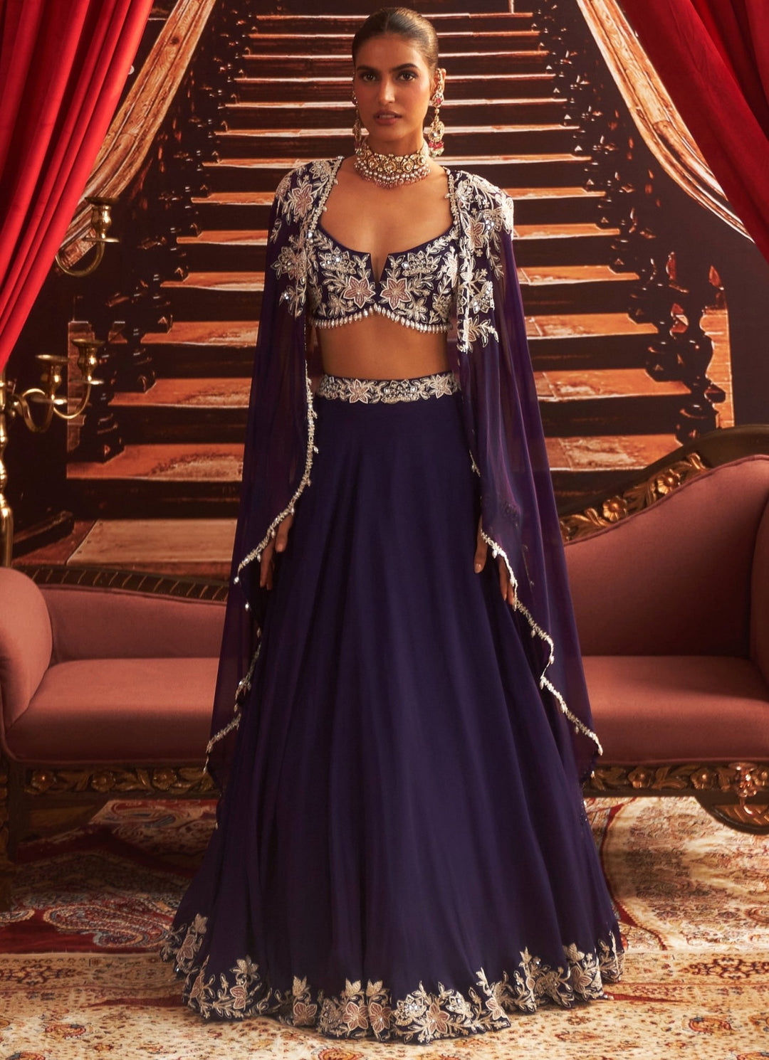 Purple Embroidered Lehenga Set With Cape Seema Thukral - Fabilicious Fashion