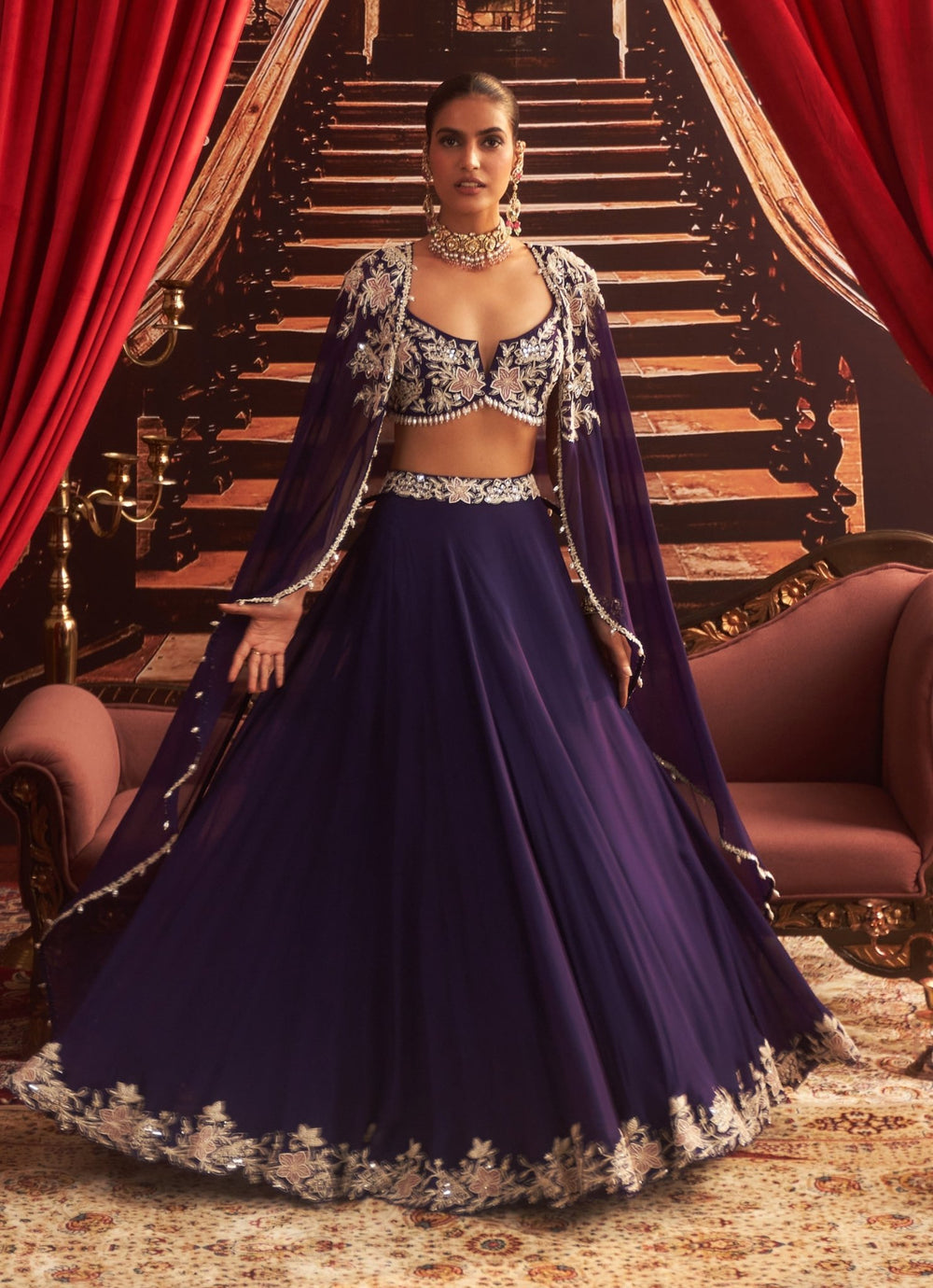 Purple Embroidered Lehenga Set With Cape Seema Thukral - Fabilicious Fashion