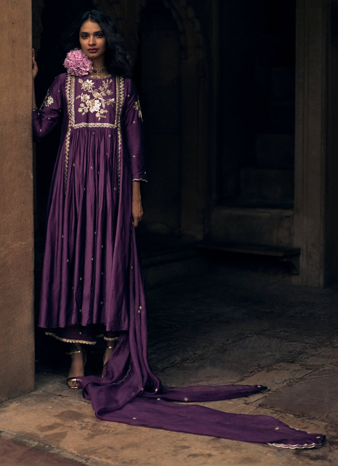 Purple Embroidered Modal Silk Anarkali Set Paulmi and Harsh - Fabilicious Fashion