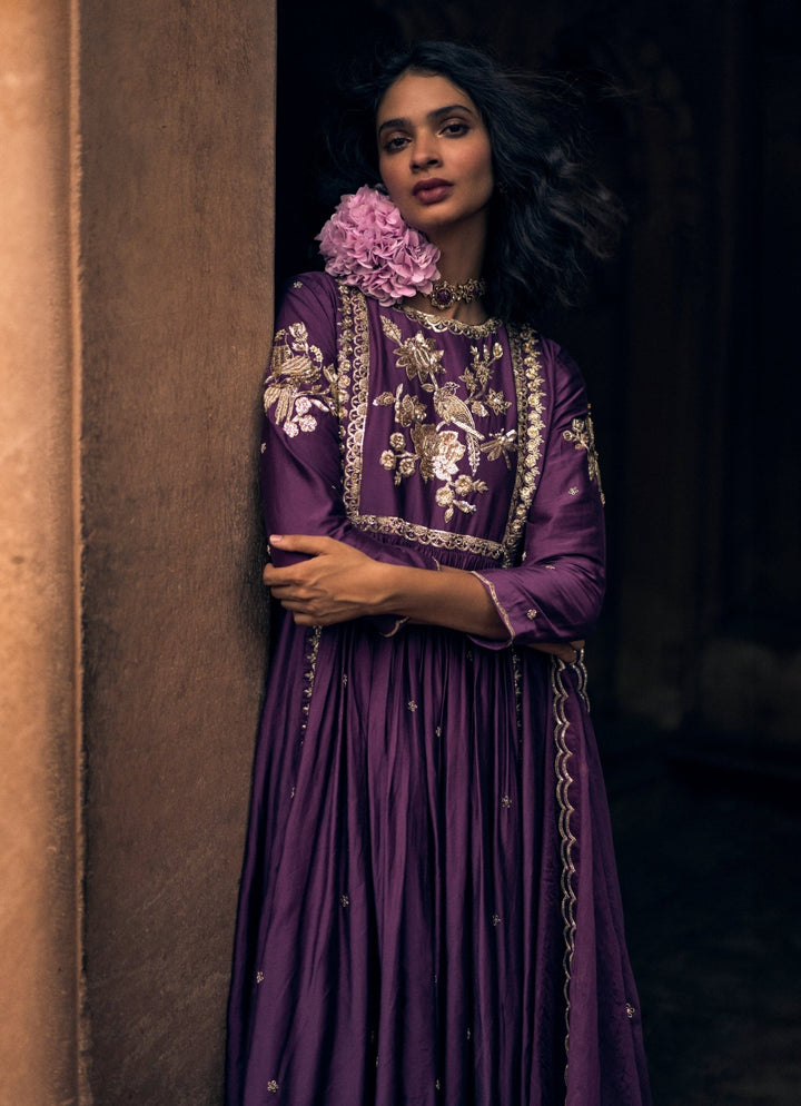 Purple Embroidered Modal Silk Anarkali Set Paulmi and Harsh - Fabilicious Fashion
