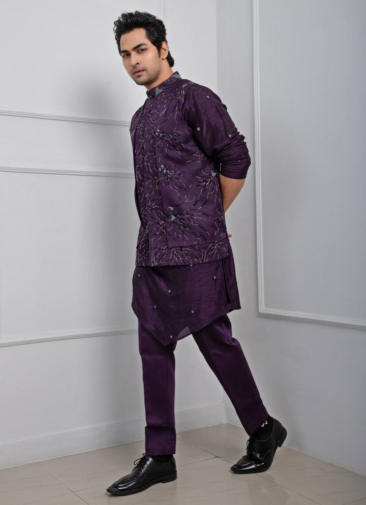Purple Embroidered Nehru Jacket With Kurta Pant Set Smriti - Fabilicious Fashion