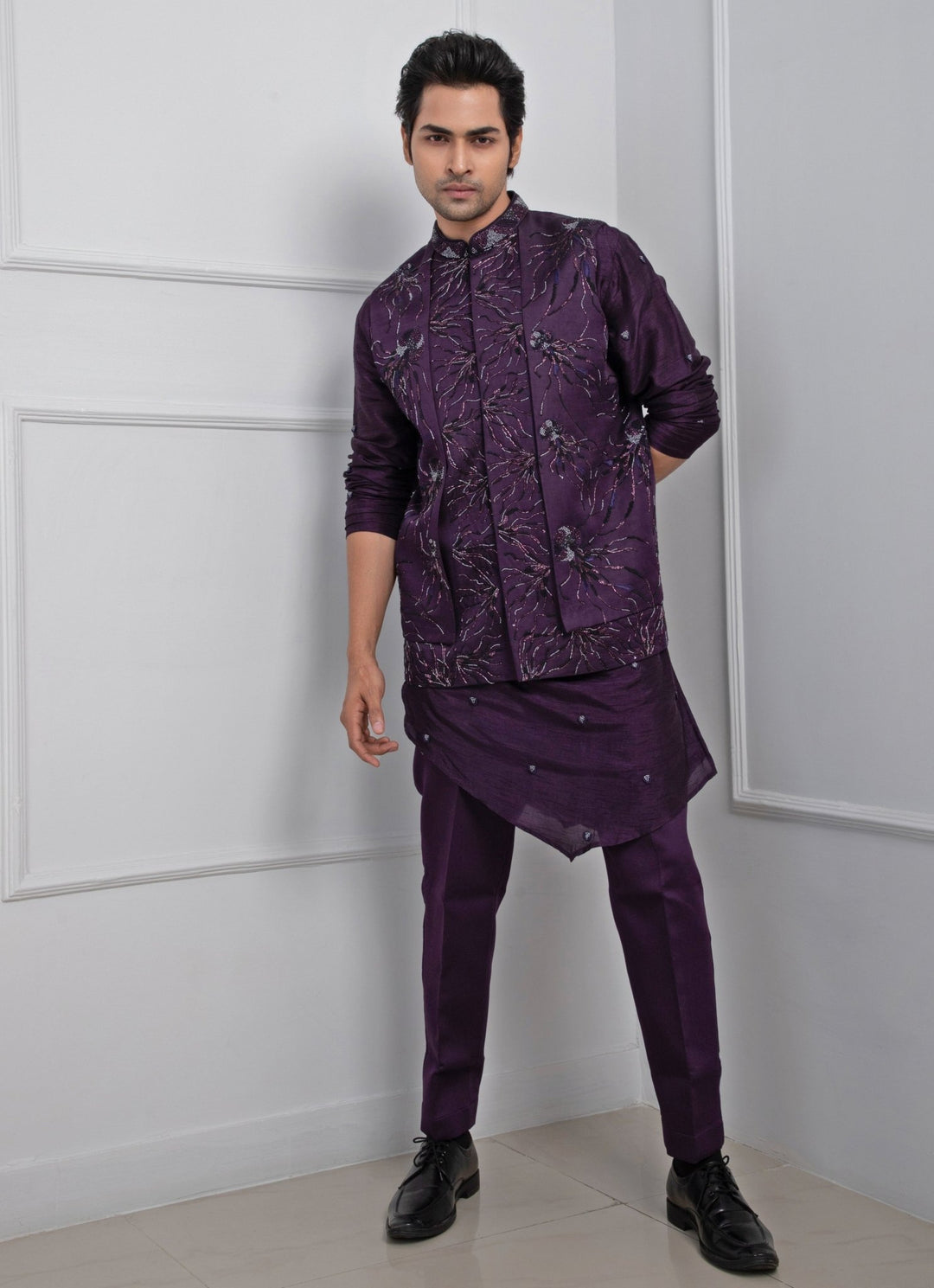Purple Embroidered Nehru Jacket With Kurta Pant Set Smriti - Fabilicious Fashion