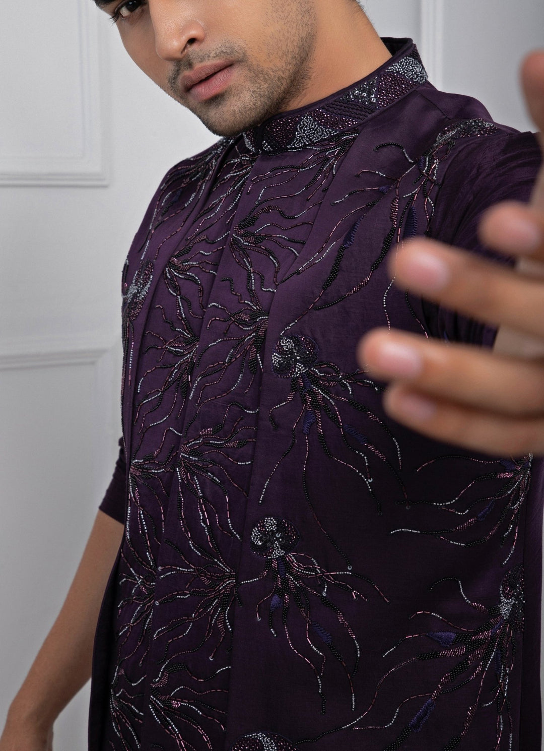 Purple Embroidered Nehru Jacket With Kurta Pant Set Smriti - Fabilicious Fashion