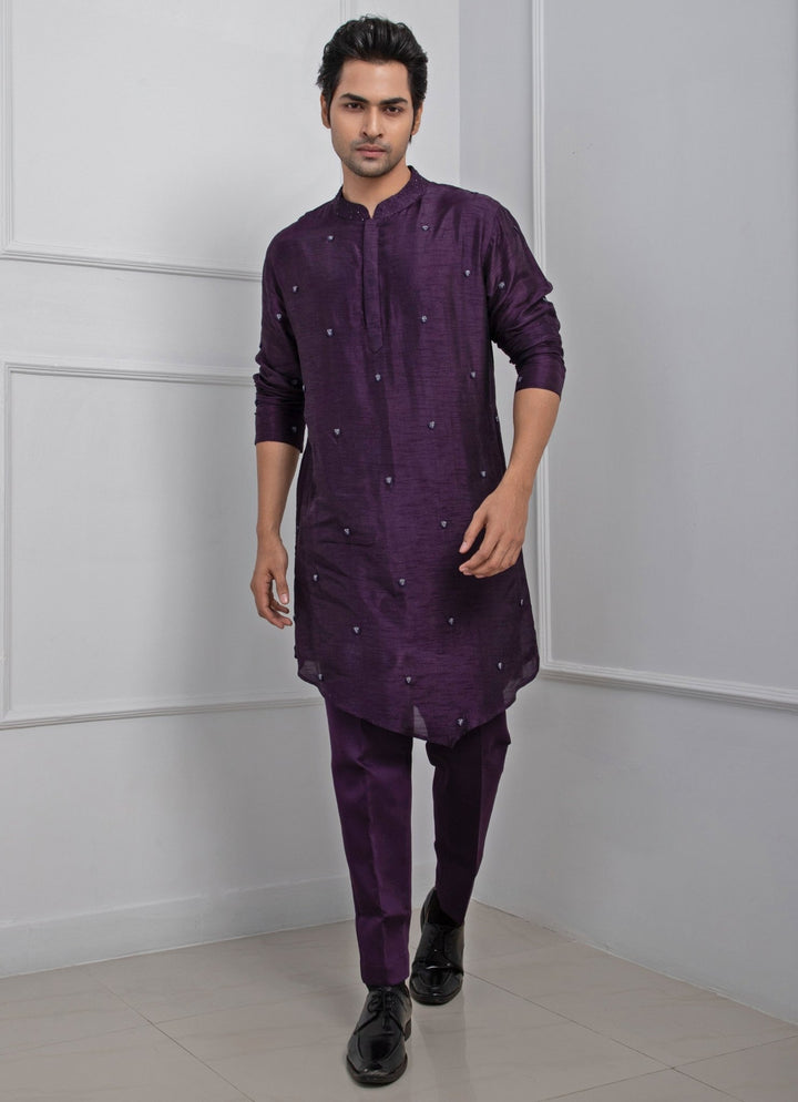 Purple Embroidered Nehru Jacket With Kurta Pant Set Smriti - Fabilicious Fashion
