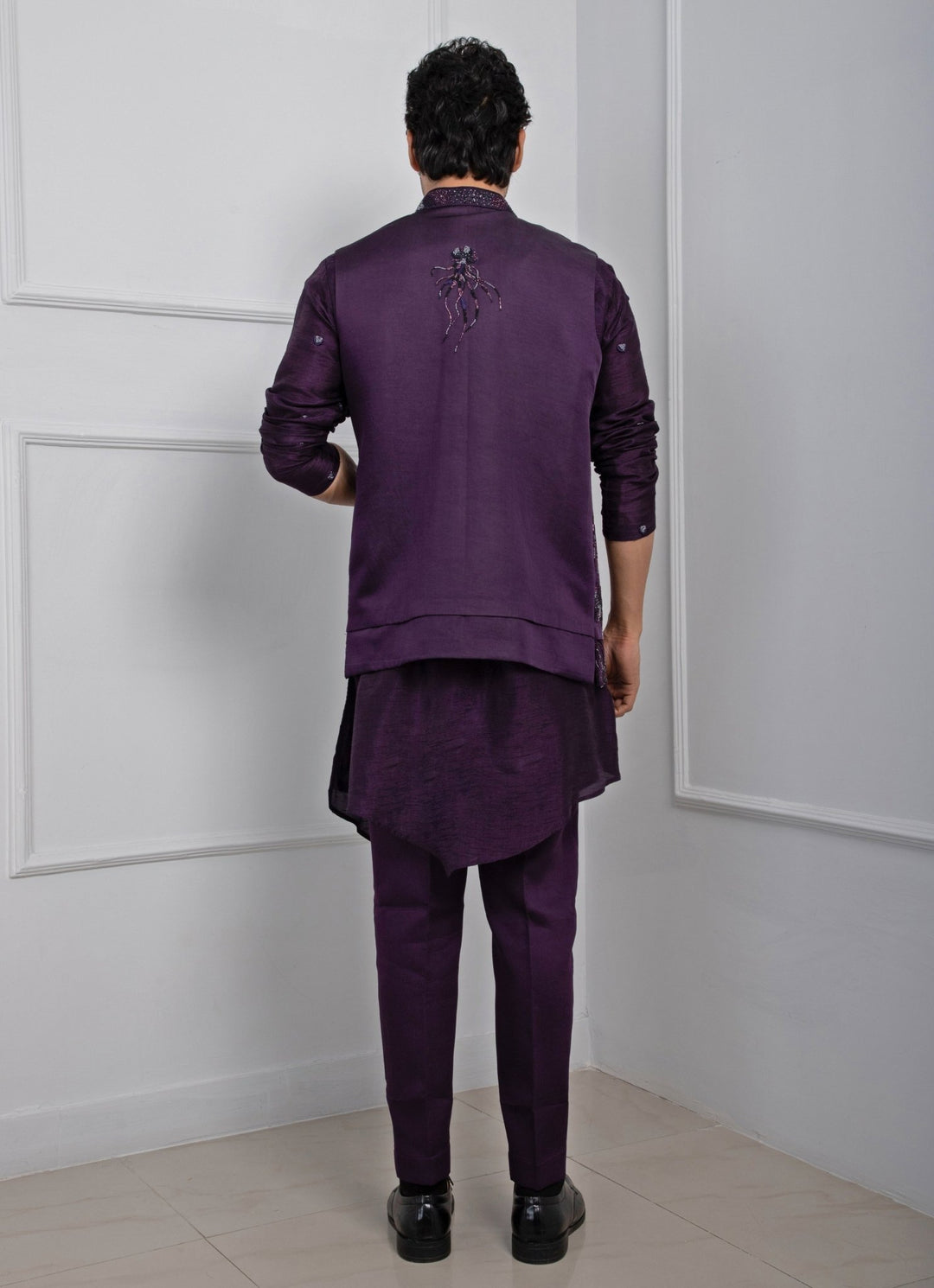 Purple Embroidered Nehru Jacket With Kurta Pant Set Smriti - Fabilicious Fashion