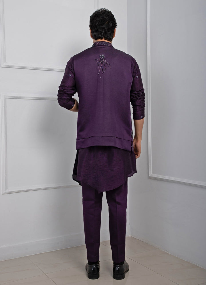 Purple Embroidered Nehru Jacket With Kurta Pant Set Smriti - Fabilicious Fashion