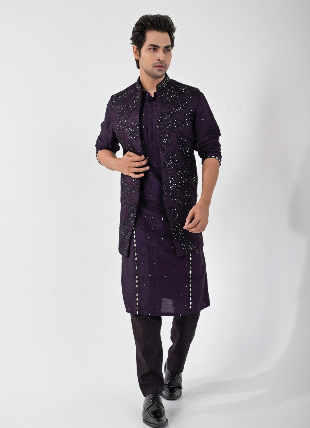 Purple Embroidered Nehru Jacket With Kurta Set Smriti - Fabilicious Fashion