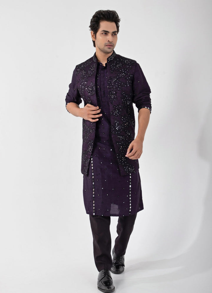 Purple Embroidered Nehru Jacket With Kurta Set Smriti - Fabilicious Fashion