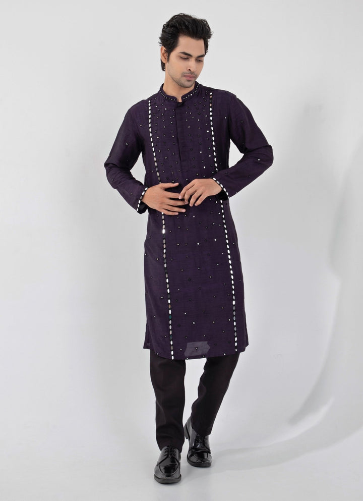 Purple Embroidered Nehru Jacket With Kurta Set Smriti - Fabilicious Fashion