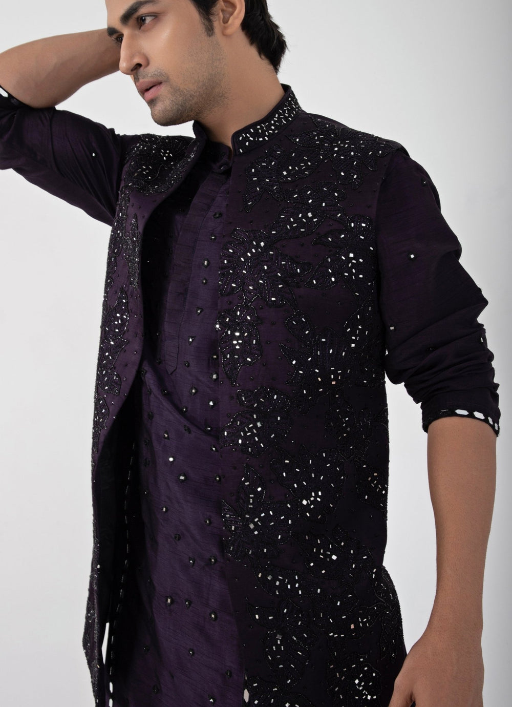Purple Embroidered Nehru Jacket With Kurta Set Smriti - Fabilicious Fashion
