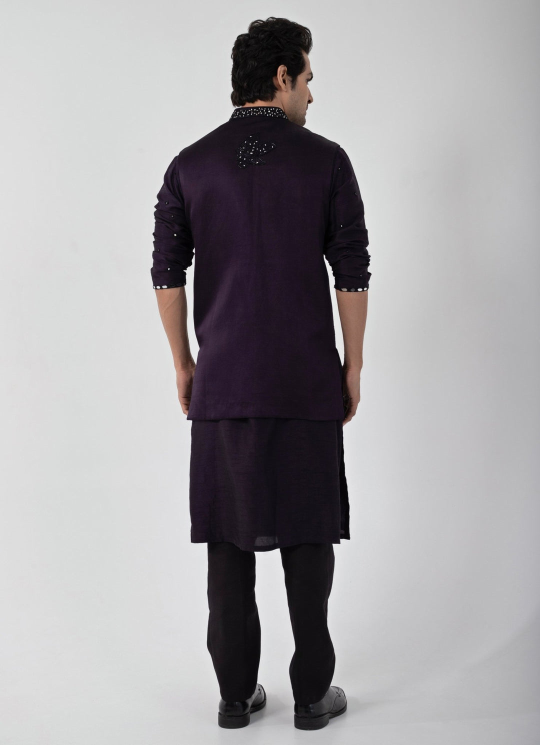 Purple Embroidered Nehru Jacket With Kurta Set Smriti - Fabilicious Fashion