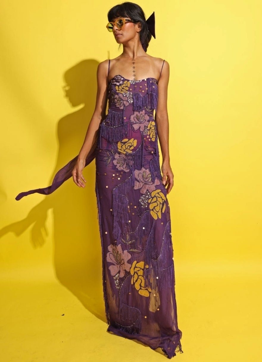 Purple embroidered organza indowestern dress by Rishi and Vibhuti