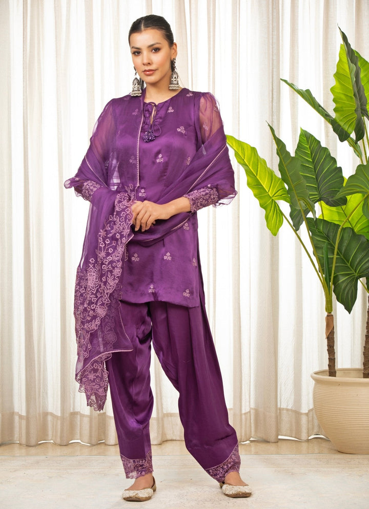 Purple Embroidered Satin Kurta Salwar Set Esha Koul - Fabilicious Fashion