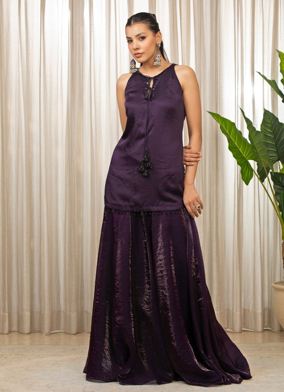 Purple Embroidered Satin Kurta Sharara Set Esha Koul - Fabilicious Fashion