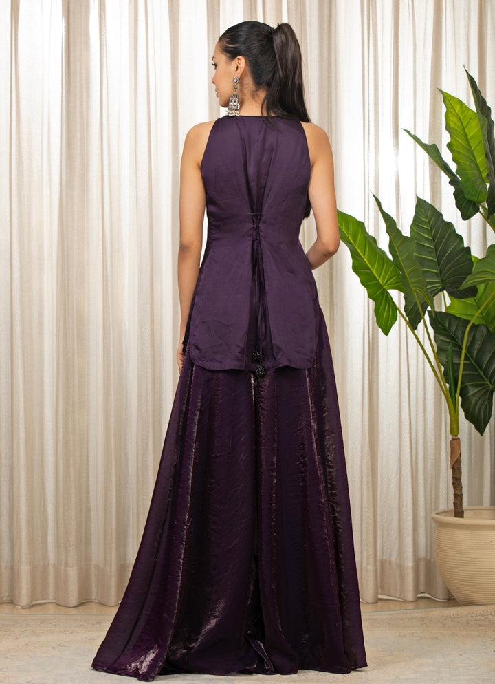 Purple Embroidered Satin Kurta Sharara Set Esha Koul - Fabilicious Fashion