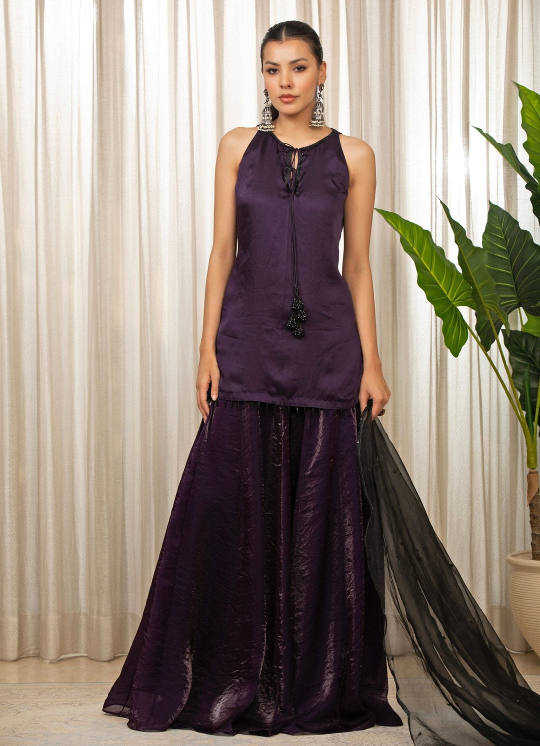 Purple Embroidered Satin Kurta Sharara Set Esha Koul - Fabilicious Fashion