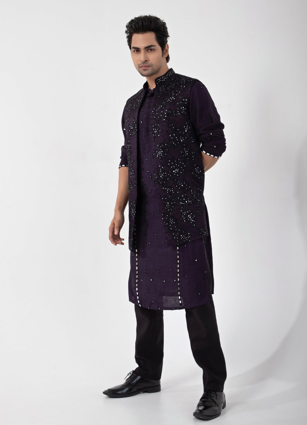 Purple Embroidered Satin Nehru Jacket Smriti - Fabilicious Fashion