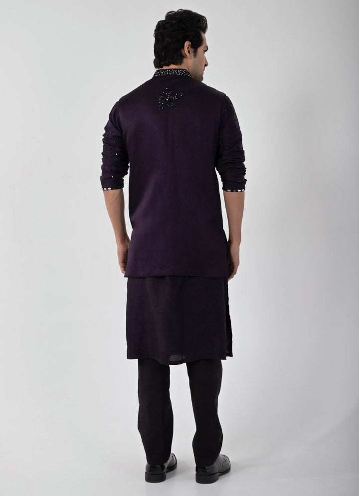 Purple Embroidered Satin Nehru Jacket Smriti - Fabilicious Fashion