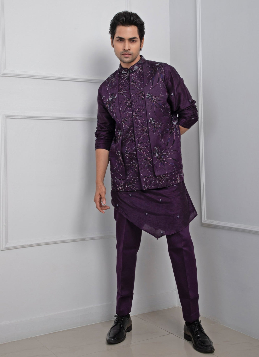 Purple Embroidered Satin Nehru Jacket Smriti - Fabilicious Fashion