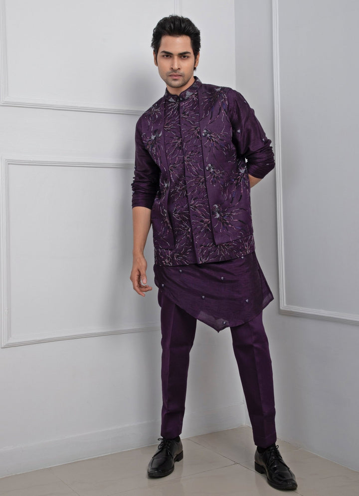 Purple Embroidered Satin Nehru Jacket Smriti - Fabilicious Fashion