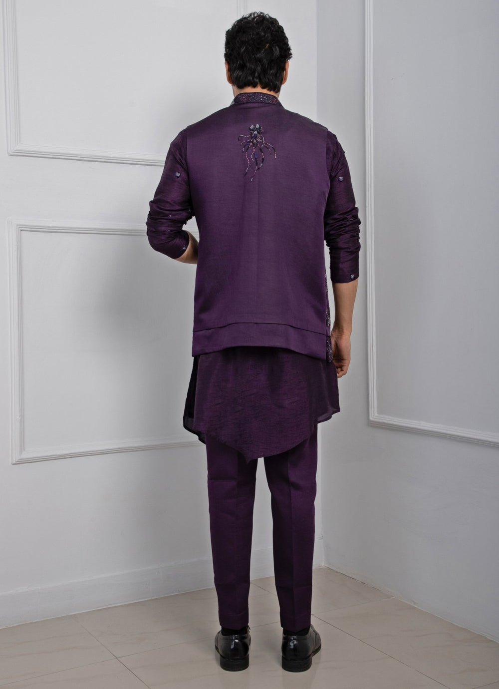 Purple Embroidered Satin Nehru Jacket Smriti - Fabilicious Fashion
