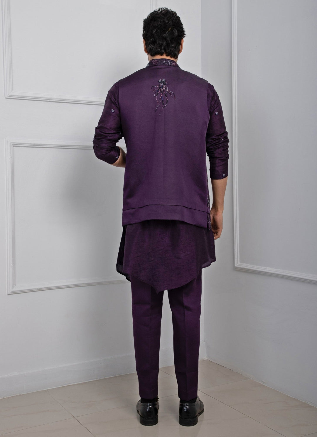 Purple Embroidered Satin Nehru Jacket Smriti - Fabilicious Fashion