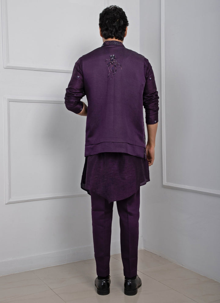 Purple Embroidered Satin Nehru Jacket Smriti - Fabilicious Fashion