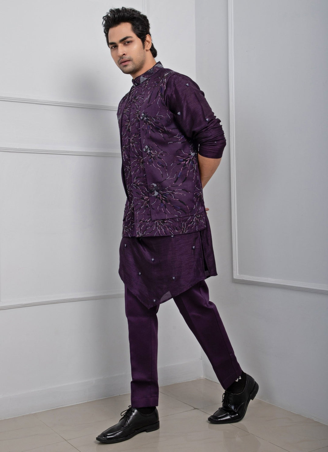 Purple Embroidered Satin Nehru Jacket Smriti - Fabilicious Fashion