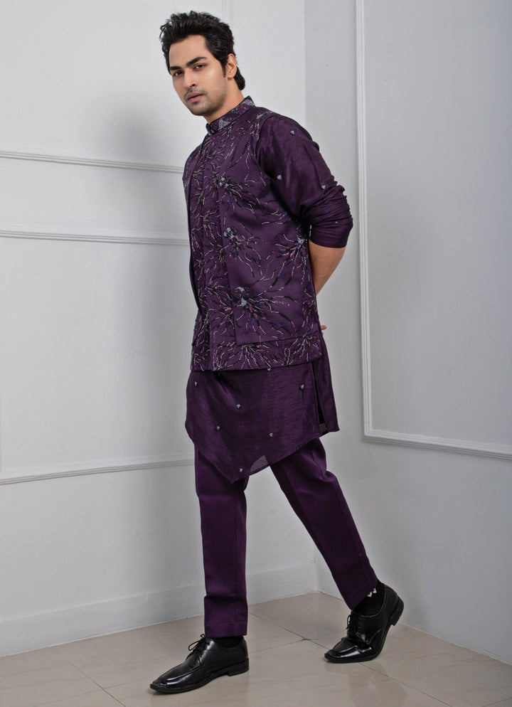 Purple Embroidered Satin Nehru Jacket Smriti - Fabilicious Fashion