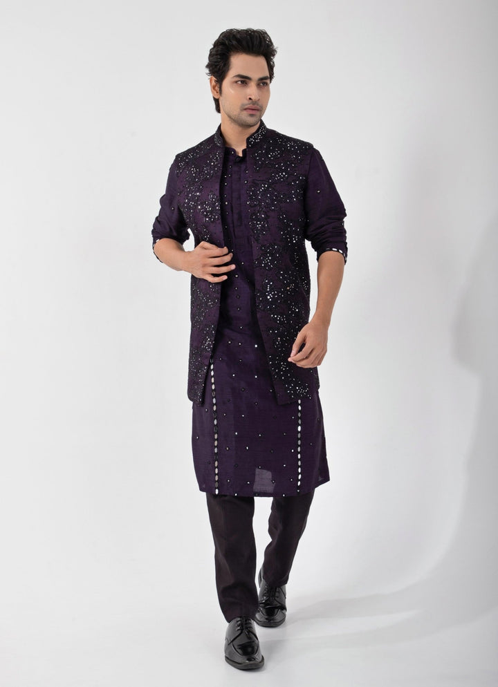 Purple Embroidered Satin Nehru Jacket Smriti - Fabilicious Fashion