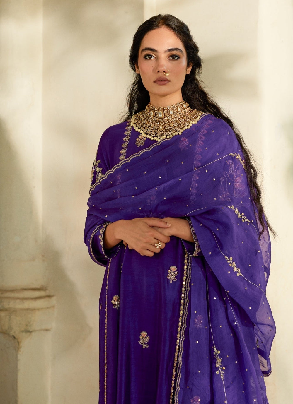 Purple Embroidered Silk Anarkali Pants Set Paulmi and Harsh - Fabilicious Fashion