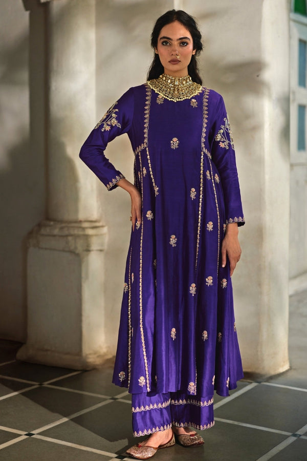 Paulmi and Harsh purple embroidered silk anarkali pants set for a wedding welcome party or after party