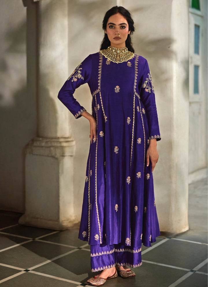 Purple Embroidered Silk Anarkali Pants Set Paulmi and Harsh - Fabilicious Fashion